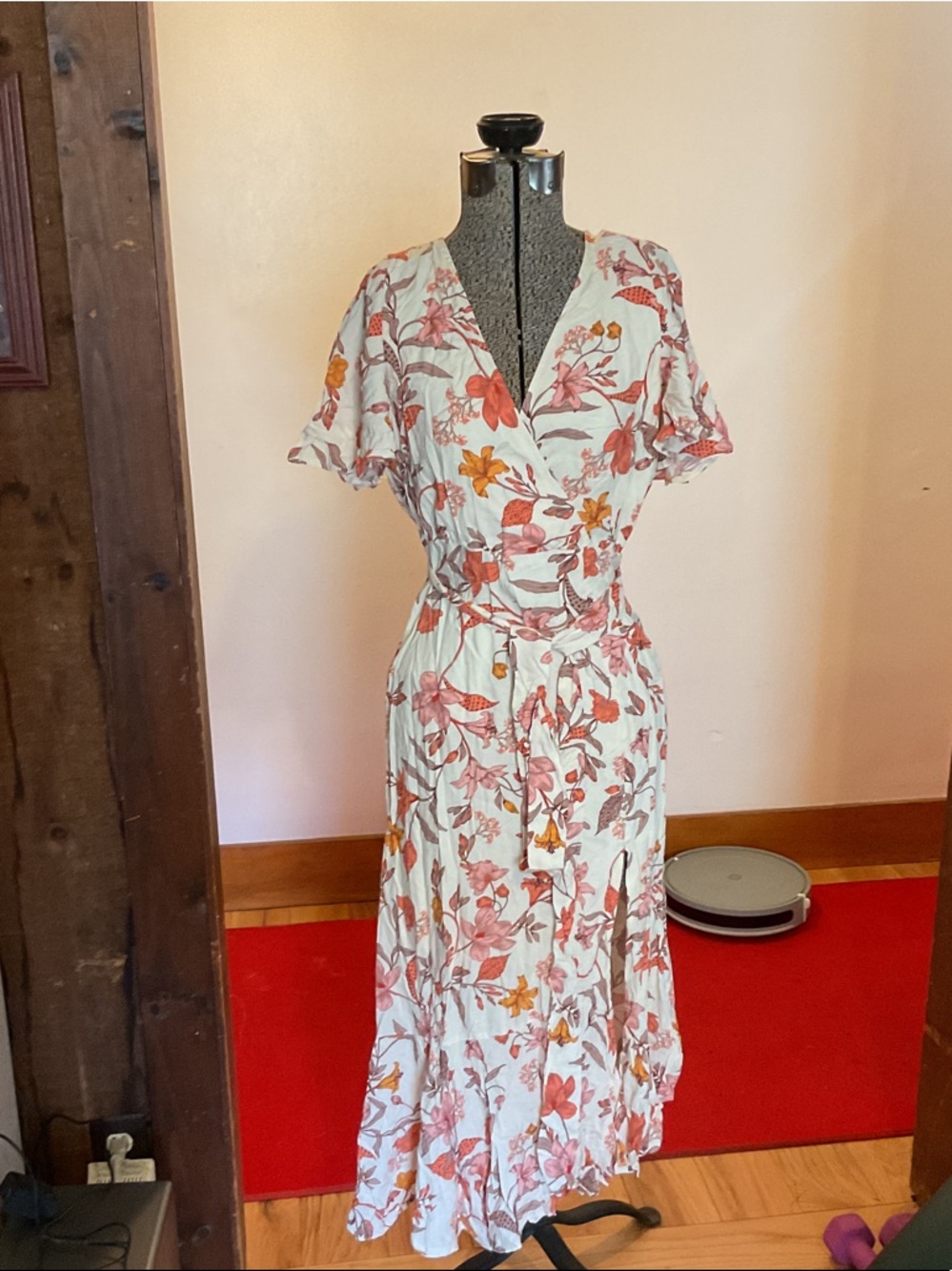 Floral Wrap Maxi Dress in Coral Pink and Cream